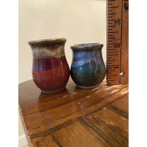 Handcrafted Clay Pottery Mini Vases Pair - Red & Green Glazed Stoneware - 2 Inch - Picture 2 of 4